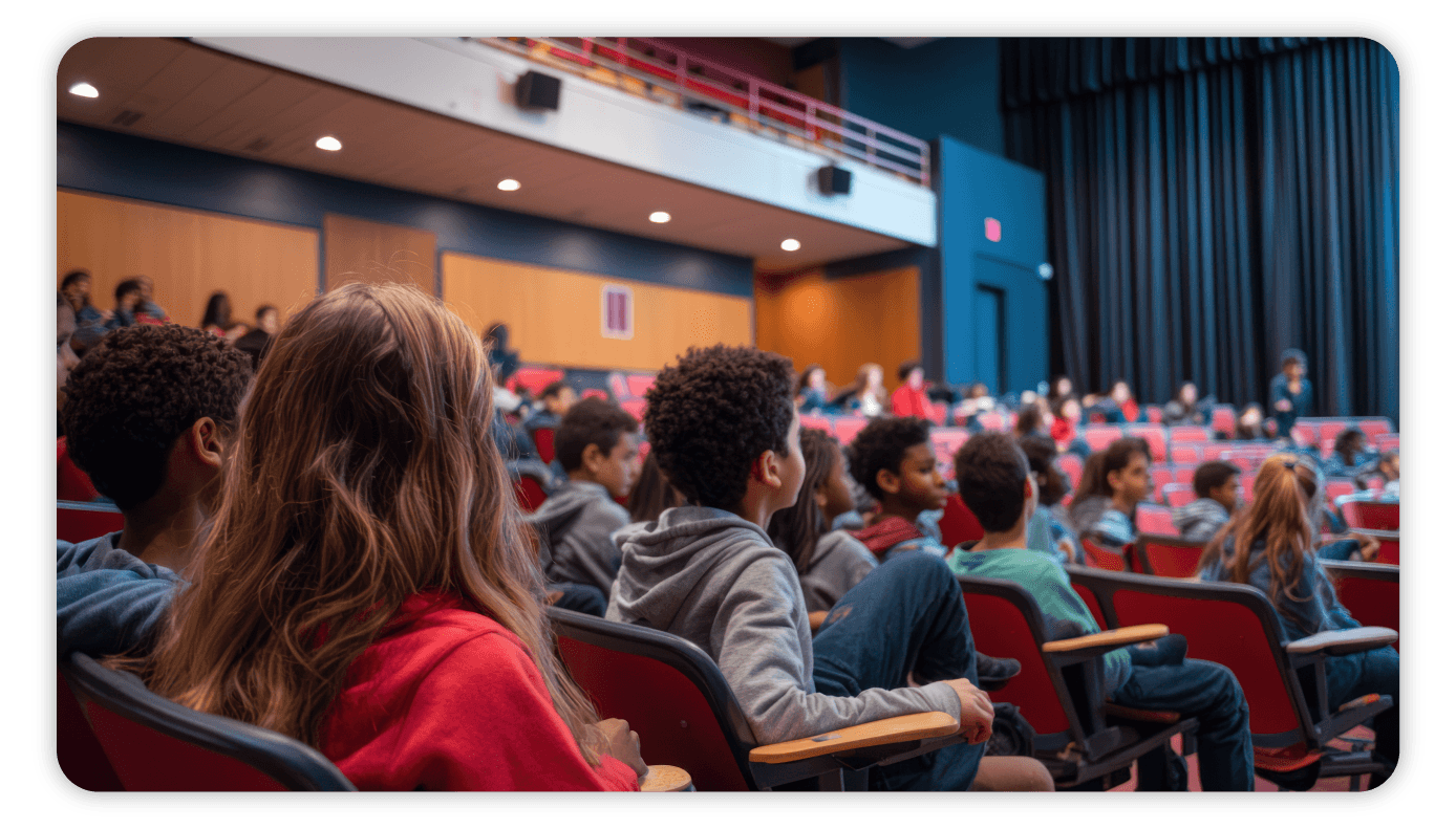 Students watching a screening from the tiered seats of a school auditorium