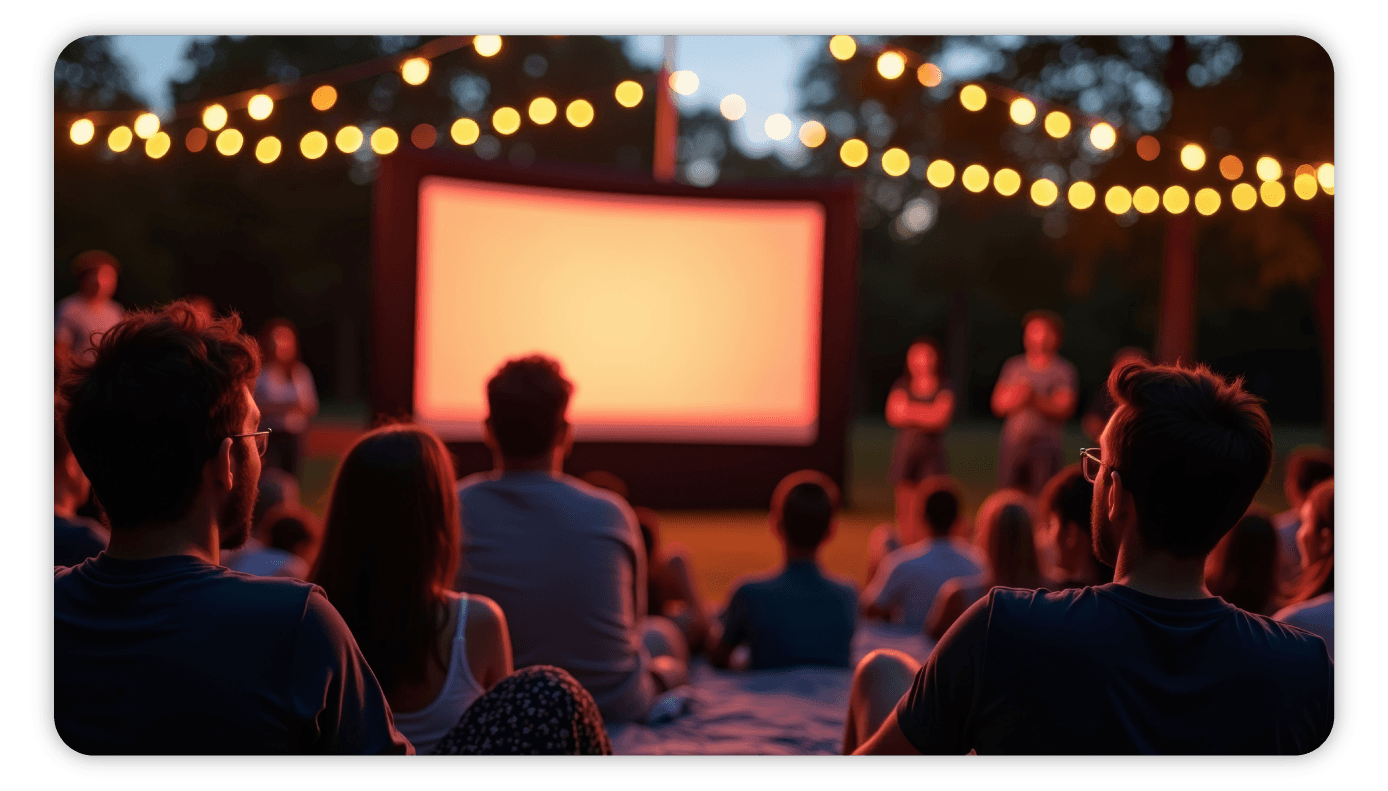 An outdoor evening movie event, with an audience seated on the grass under string lights facing a large inflatable screen