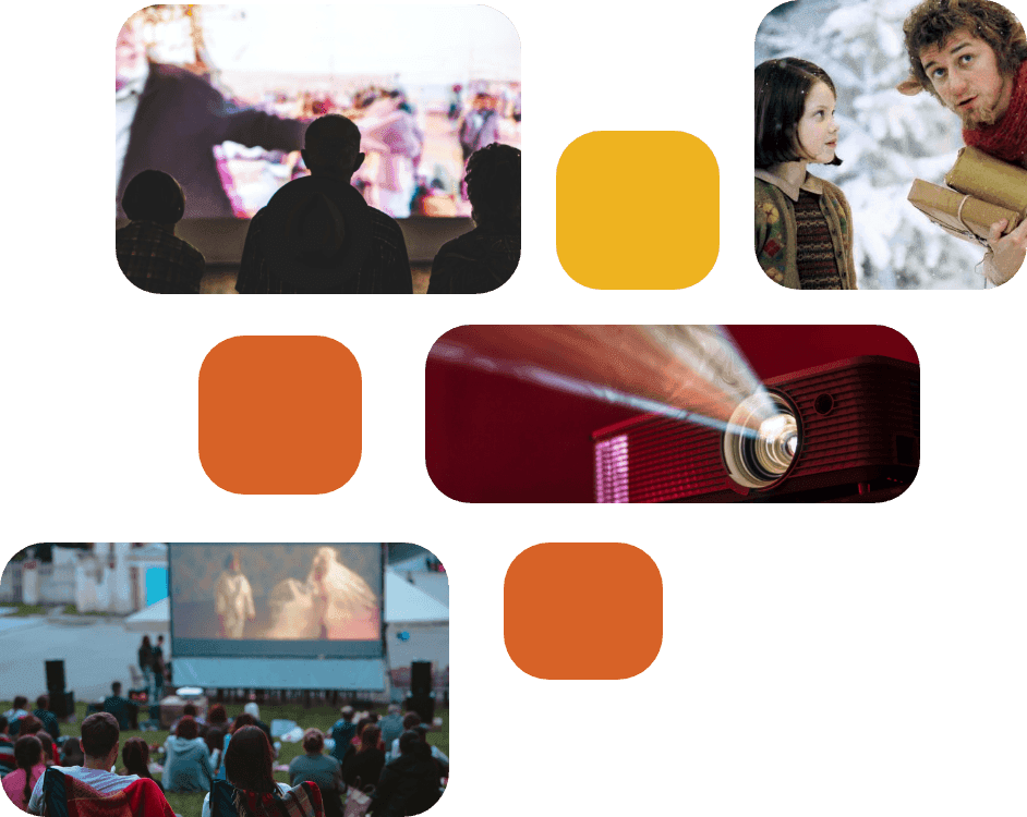 A collage of church film screenings — indoor and outdoor audiences and a projector in use